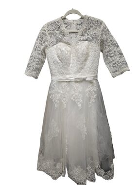 Abaowedding V Neck Lace Tea Length Wedding Dress with Quarter Sleeve Sz.10